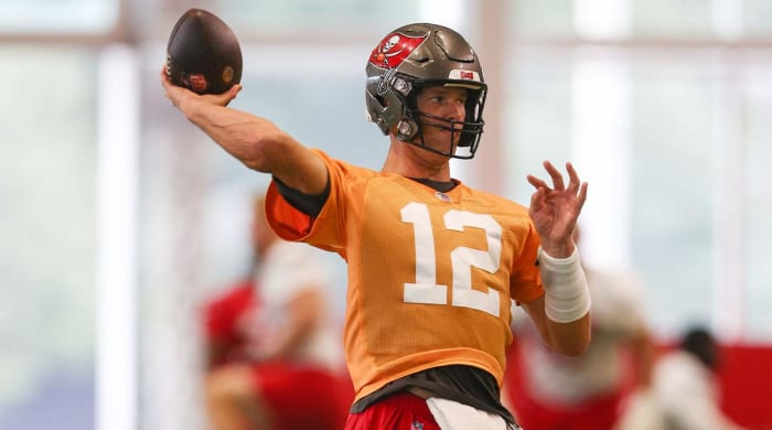 Jun 9, 2022; Tampa, FL, USA; Tampa Bay Buccaneers quarterback Tom Brady (12) participates in mandatory mini camp at AdventHealth Training Center.